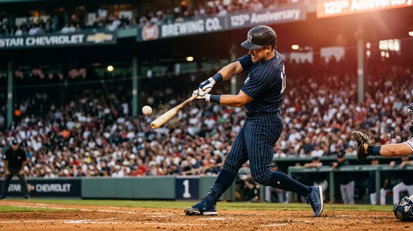 An MLB hitter at the plate framed by ballpark lights, illustrating the moment a home run prop is decided