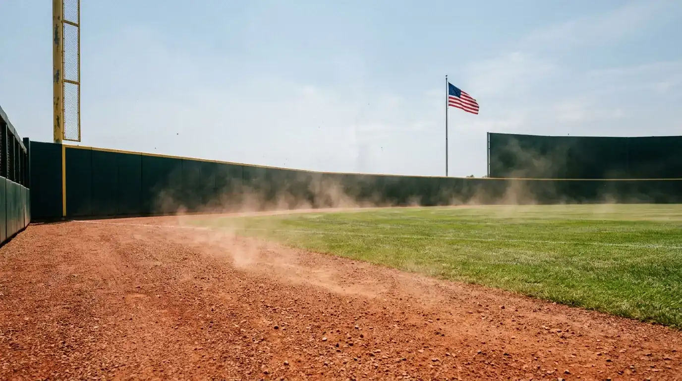 Sunlit MLB outfield on a hot summer afternoon with heat haze rising above the warning track, illustrating how warm air increases home run distance