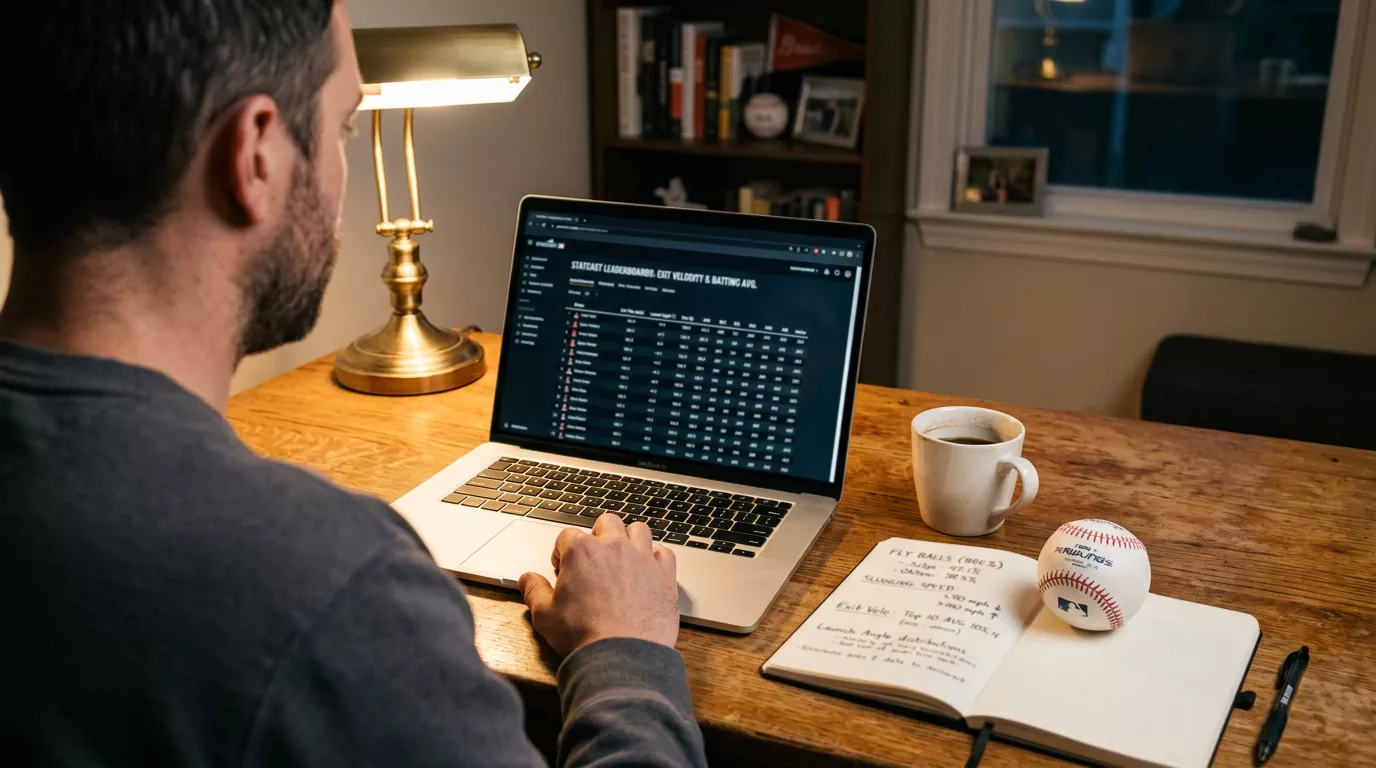 Analyst reviewing Statcast leaderboards on a laptop screen, with notes on barrel rate and exit velocity beside an open notebook